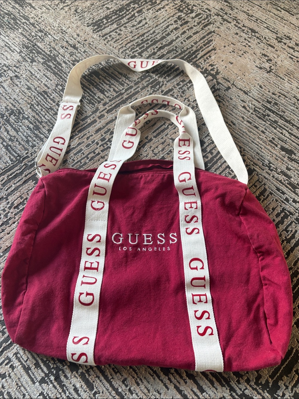 GUESS Burgundy Canvas Tote with White Logo Straps